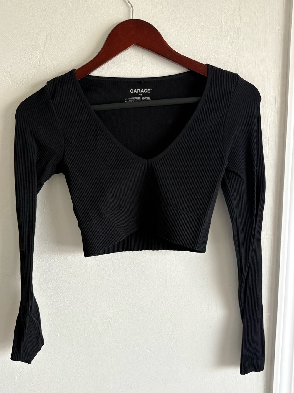 Garage Black Ribbed V-Neck Long Sleeve Crop Top